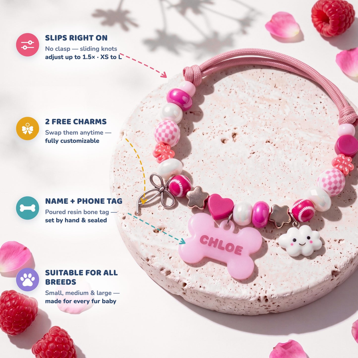 Berry Blush beaded dog collar feature highlights: slips right on with sliding knots, 2 free swappable charms, poured resin name and phone tag, suitable for all breeds