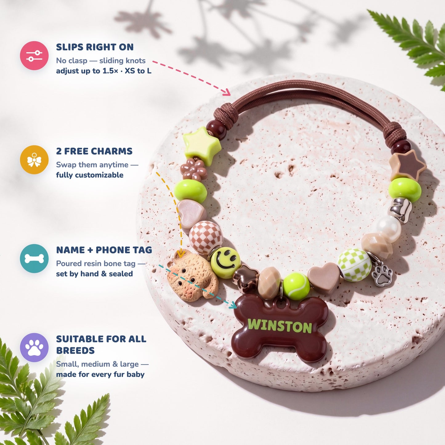 Happy Camper beaded dog collar feature highlights: slips right on with sliding knots, 2 free swappable charms, poured resin name and phone tag, suitable for all breeds