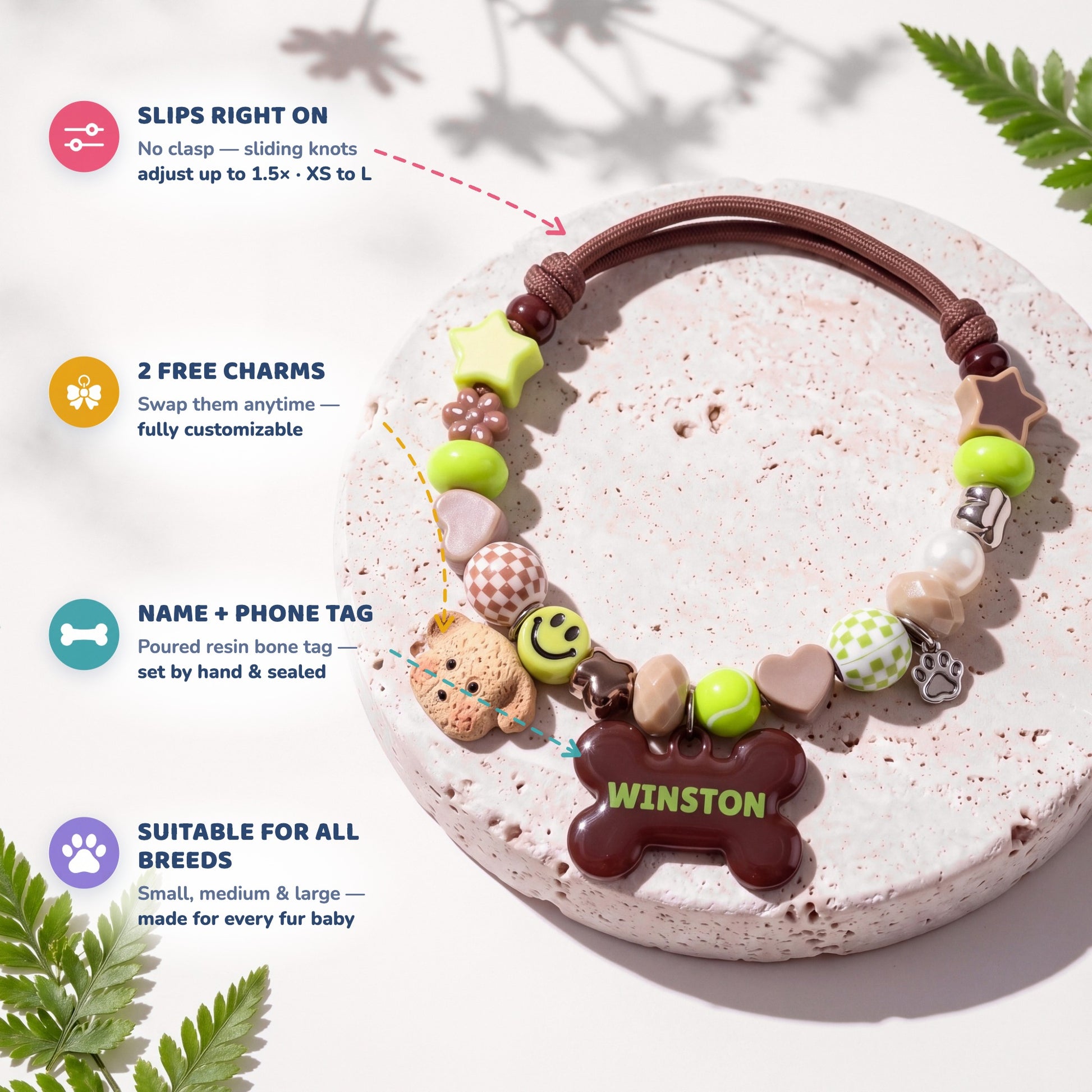 Happy Camper beaded dog collar feature highlights: slips right on with sliding knots, 2 free swappable charms, poured resin name and phone tag, suitable for all breeds