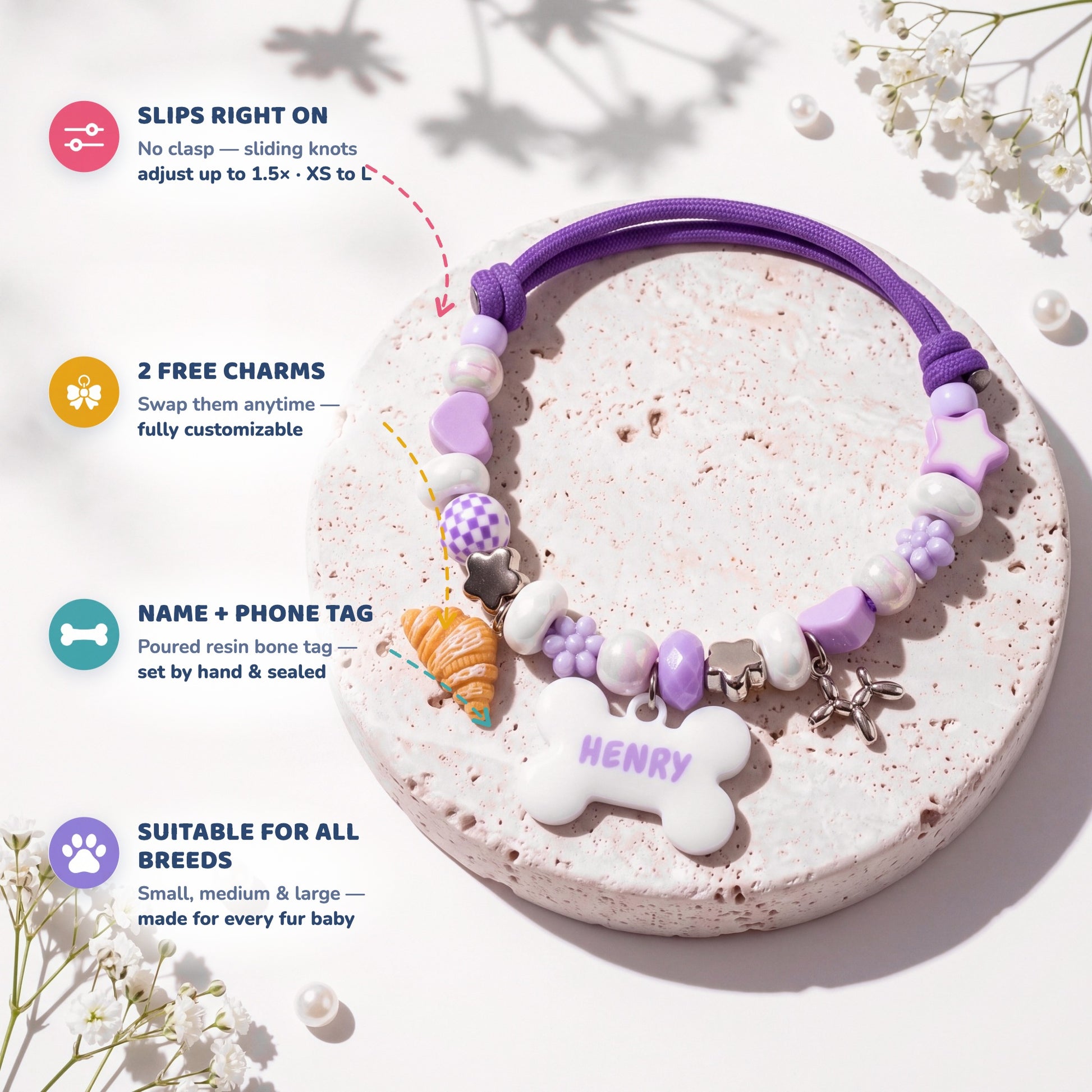 Moon Milk beaded dog collar feature highlights: slips right on with sliding knots, 2 free swappable charms, poured resin name and phone tag, suitable for all breeds