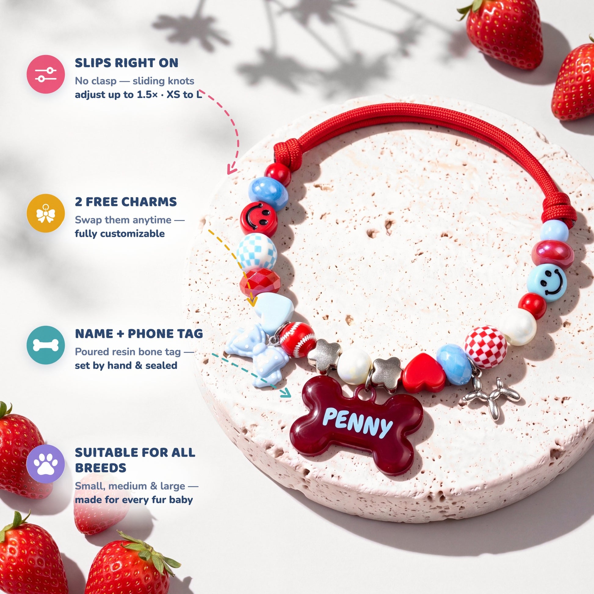 Picnic Crush beaded dog collar feature highlights: slips right on with sliding knots, 2 free swappable charms, poured resin name and phone tag, suitable for all breeds