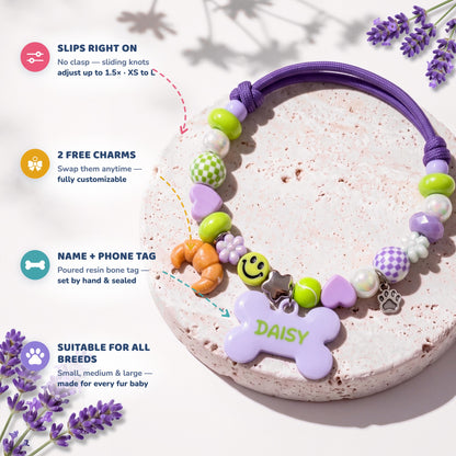 Pixie Pop beaded dog collar feature highlights: slips right on with sliding knots, 2 free swappable charms, poured resin name and phone tag, suitable for all breeds