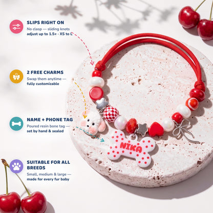 Polka Pup beaded dog collar feature highlights: slips right on with sliding knots, 2 free swappable charms, poured resin name and phone tag, suitable for all breeds