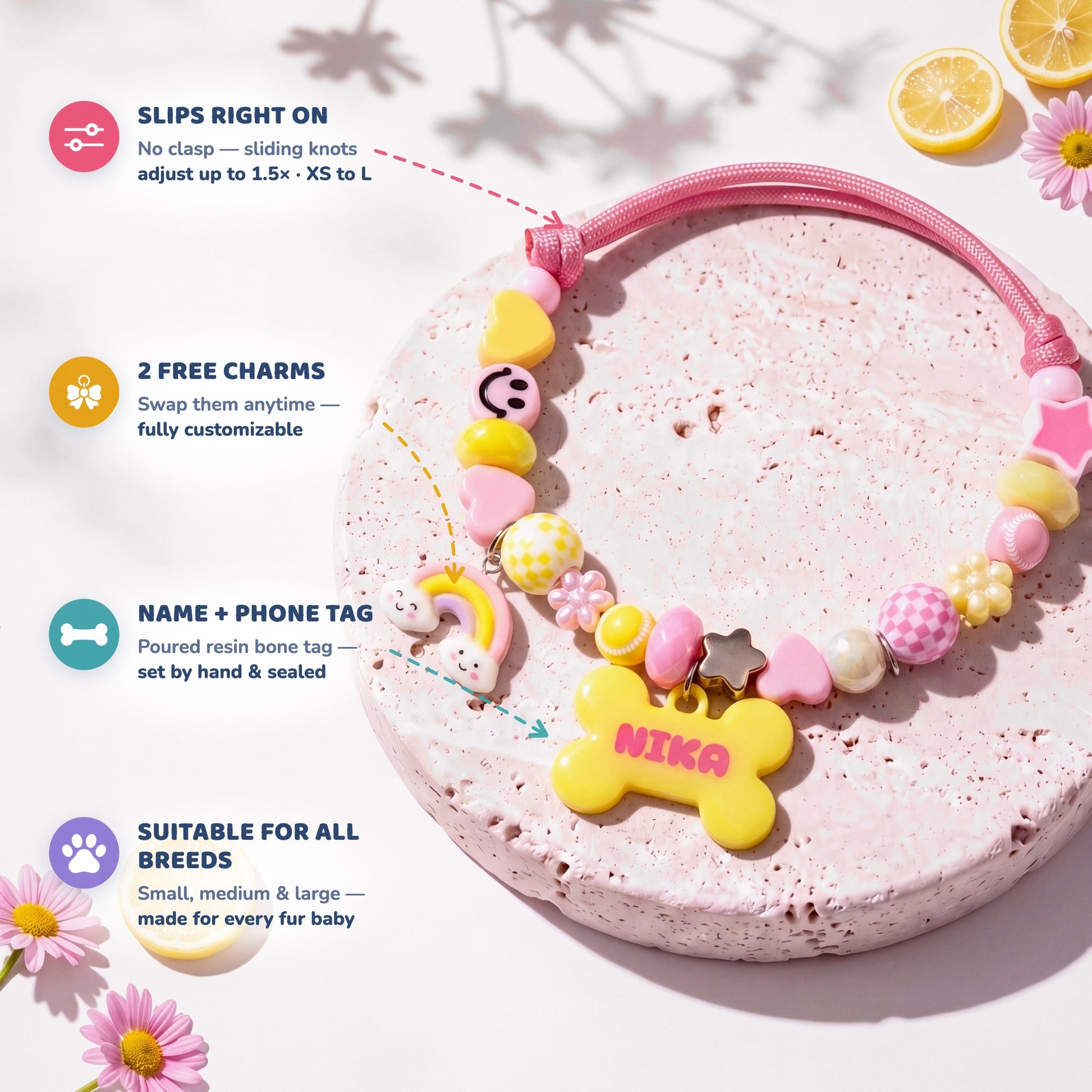 Sundae Funday beaded dog collar feature highlights: slips right on with sliding knots, 2 free swappable charms, poured resin name and phone tag, suitable for all breeds