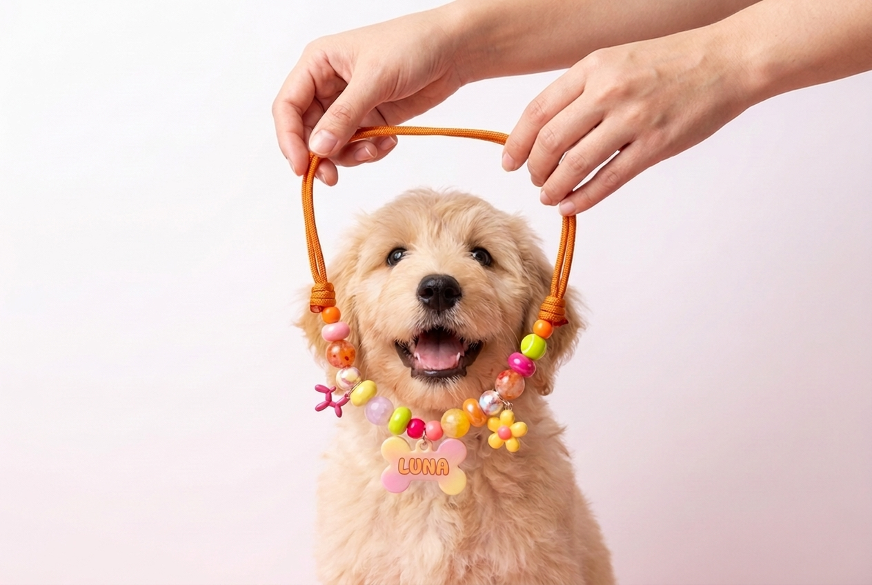 Hands lowering a beadboo beaded necklace over a smiling puppy's head