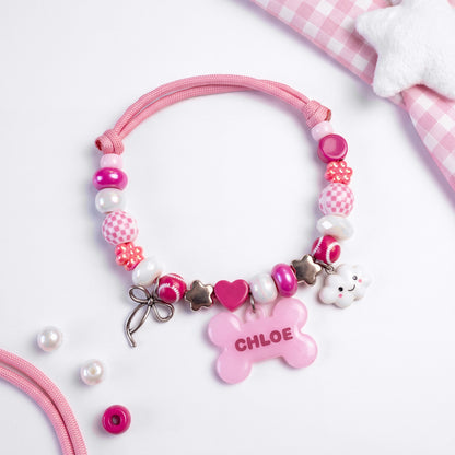 Berry Blush pink beaded dog collar necklace with bone name tag