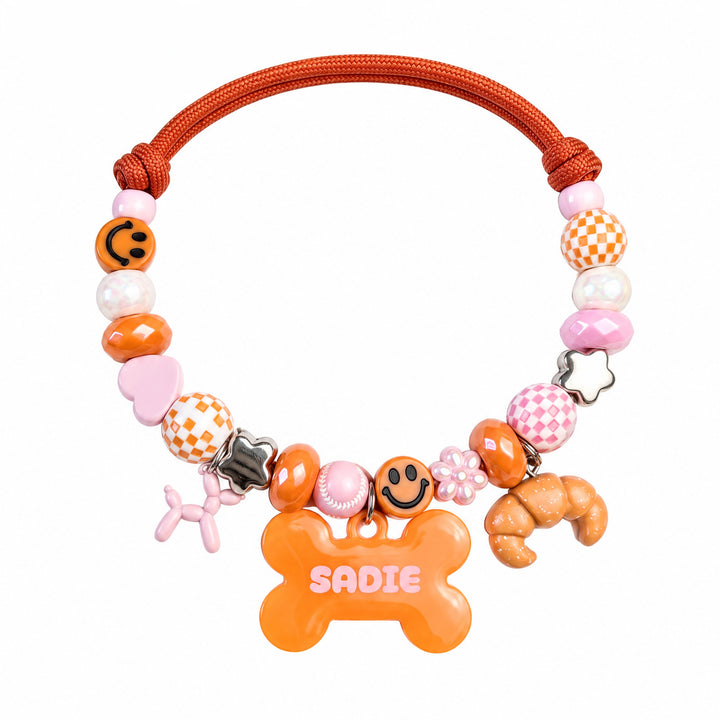 Foxy Roxy — hand-strung beaded dog collar with custom name tag by BEADBOO