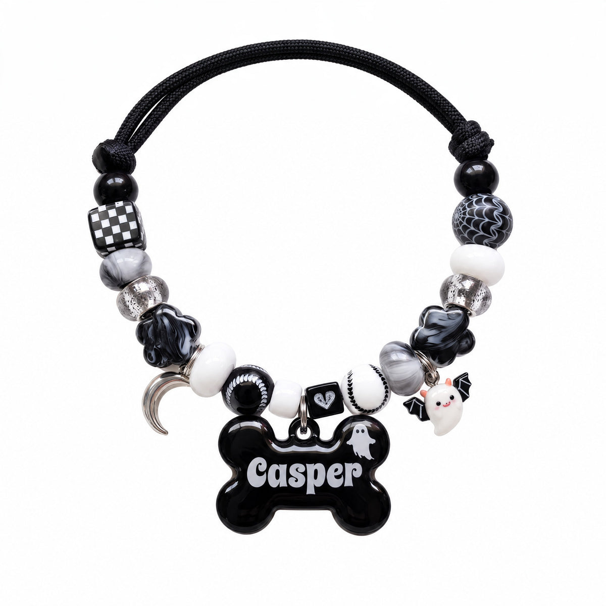 Ghostling — hand-strung beaded dog collar with custom name tag by BEADBOO