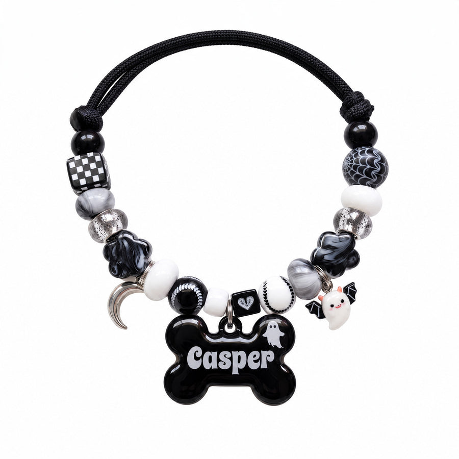 Ghostling — hand-strung beaded dog collar with custom name tag by BEADBOO