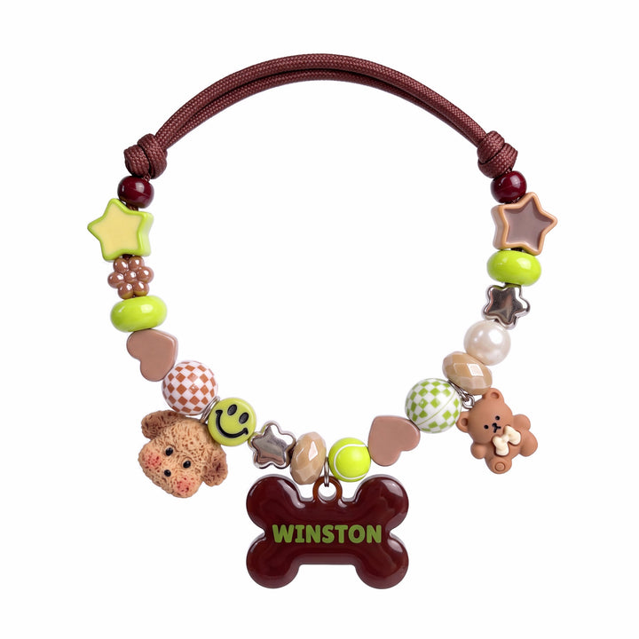 Happy Camper — hand-strung beaded dog collar with custom name tag by BEADBOO