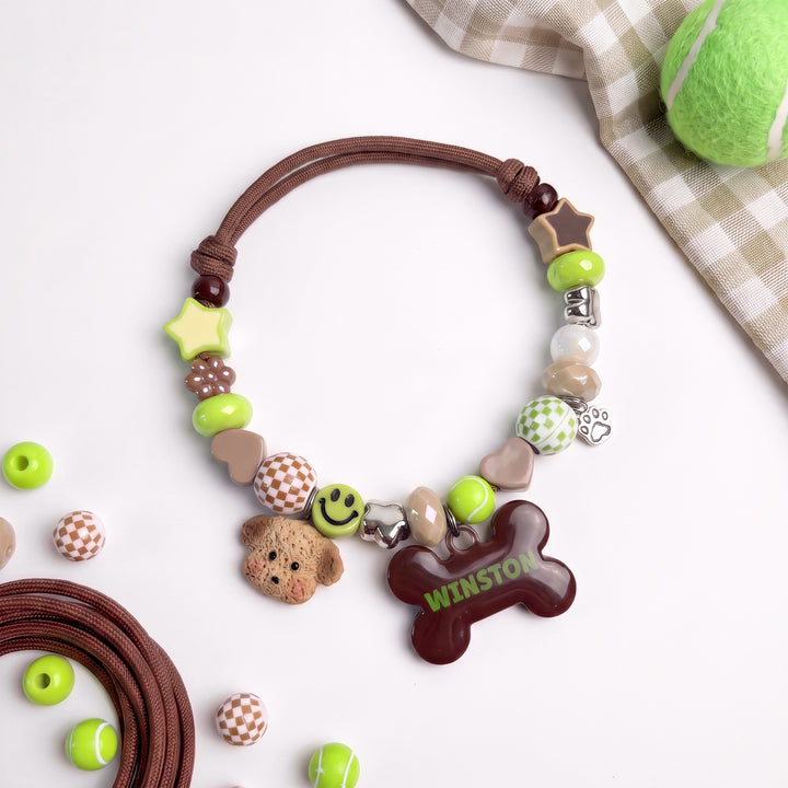 Happy Camper — hand-strung beaded dog collar with custom name tag by BEADBOO