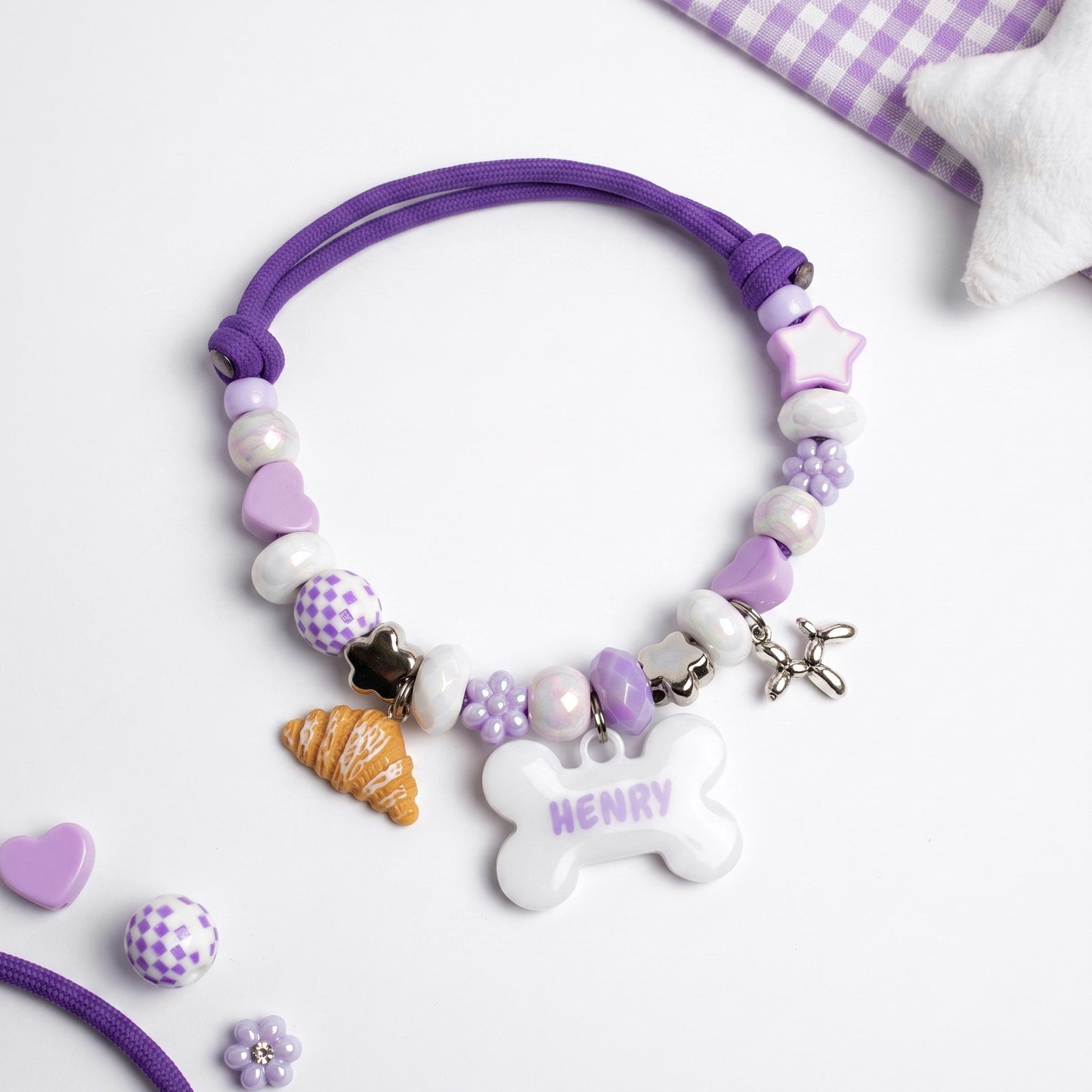Moon Milk purple and pearl beaded dog collar necklace with bone name tag