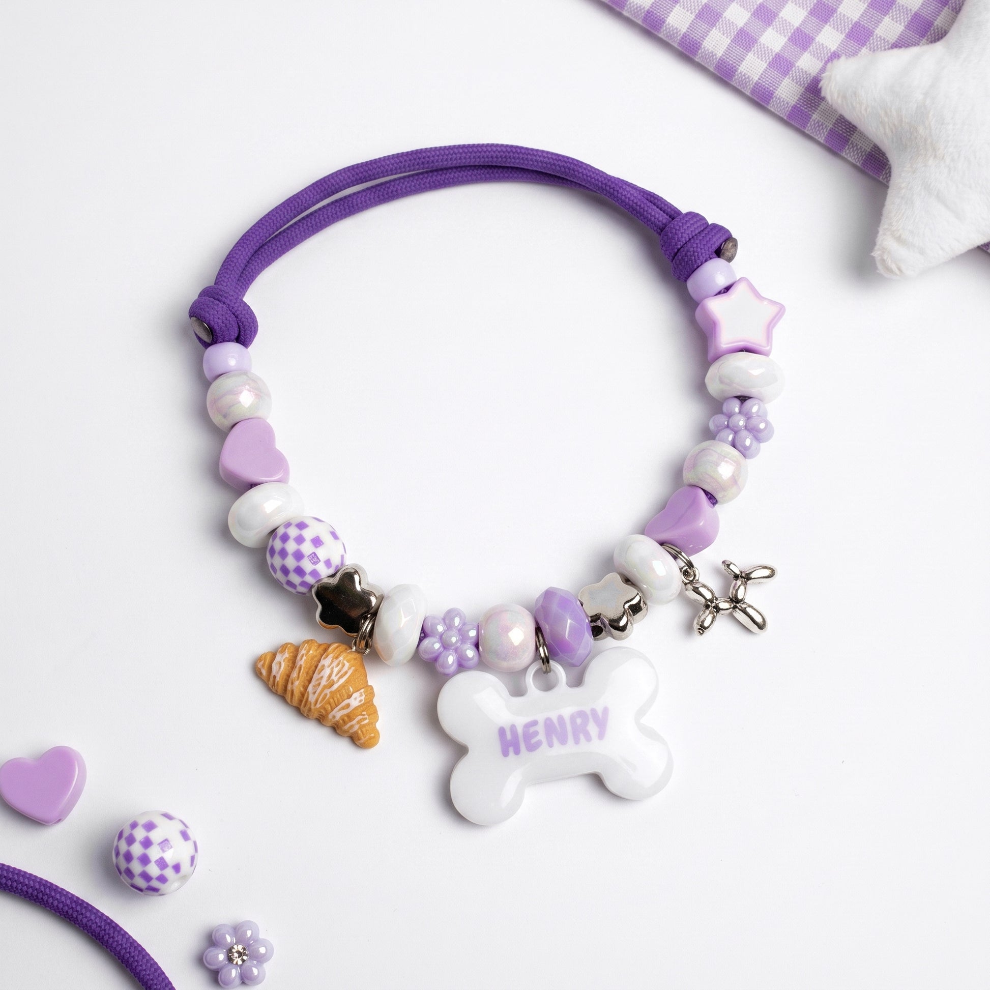 Moon Milk purple and pearl beaded dog collar necklace with bone name tag