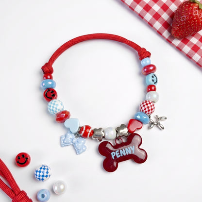 Picnic Crush red and blue beaded dog collar necklace with bone name tag