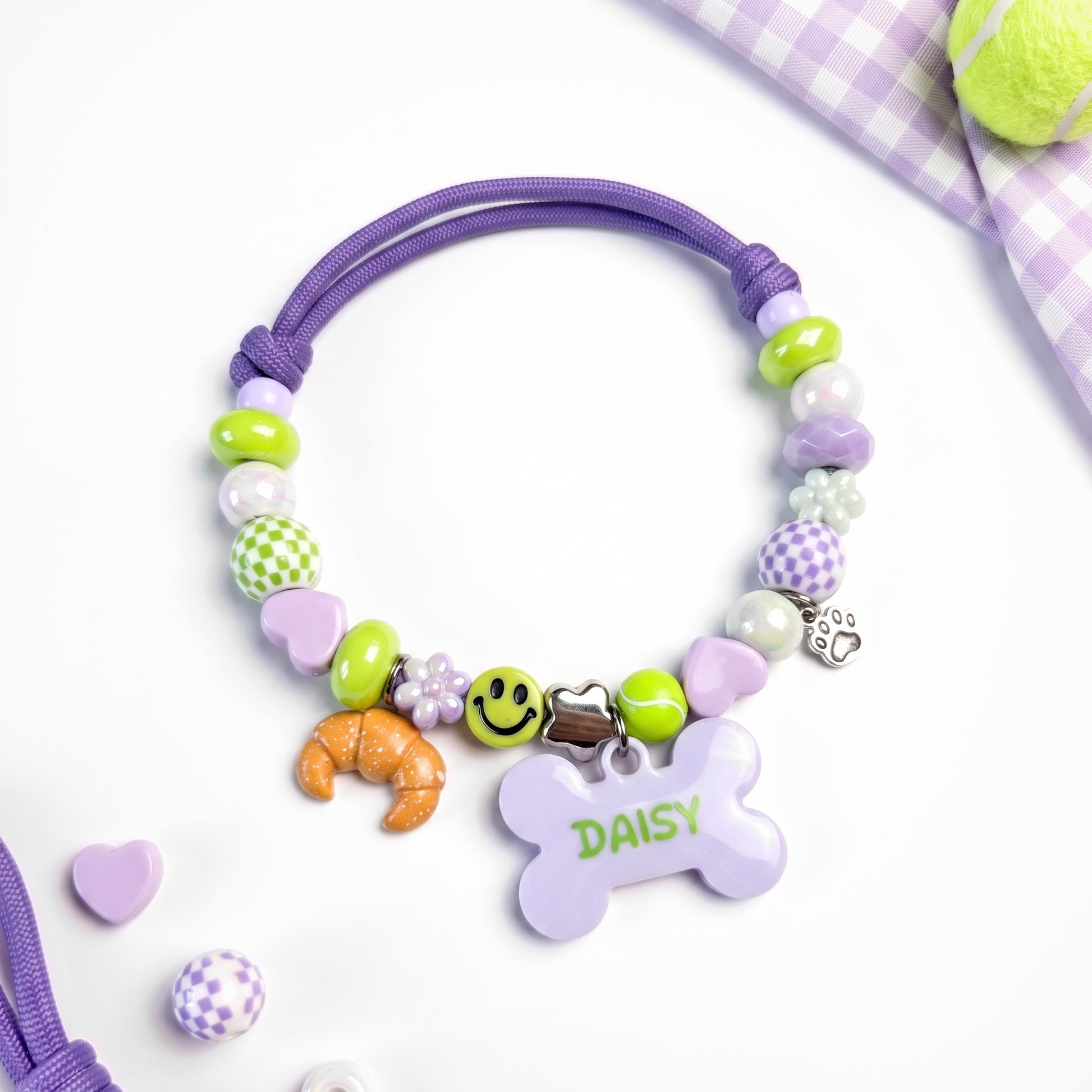 Pixie Pop beaded dog collar necklace with bone name tag