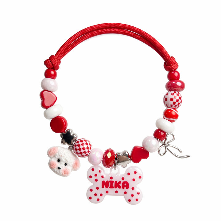 Polka Pup — hand-strung beaded dog collar with custom name tag by BEADBOO