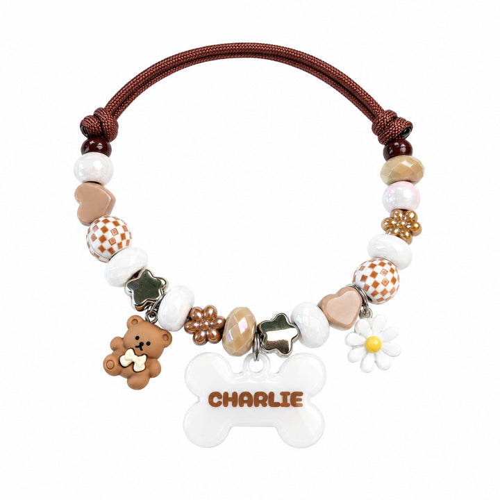 Puppuccino — hand-strung beaded dog collar with custom name tag by BEADBOO