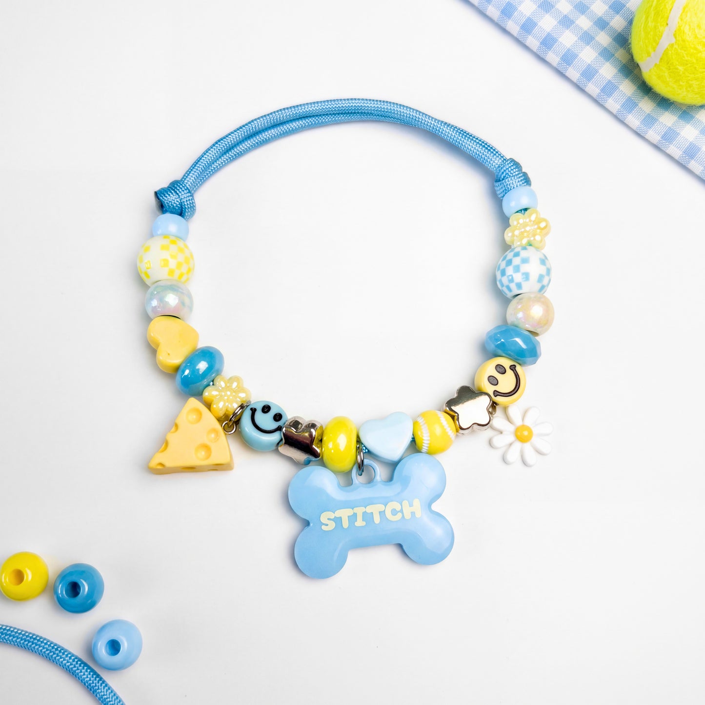 Sea and Sun blue and yellow beaded dog collar necklace with bone name tag