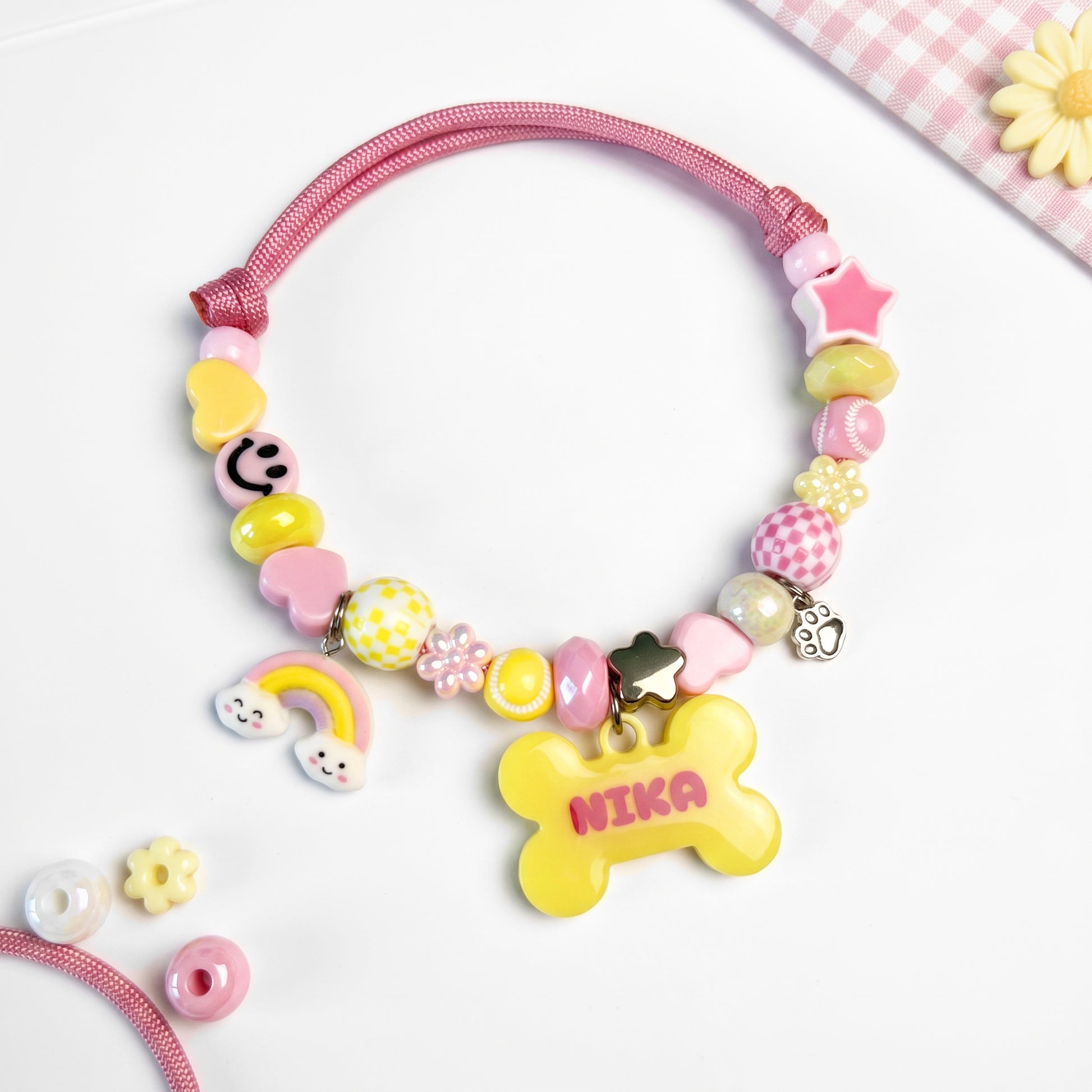 Sundae Funday pink and lemon beaded dog collar necklace with bone name tag