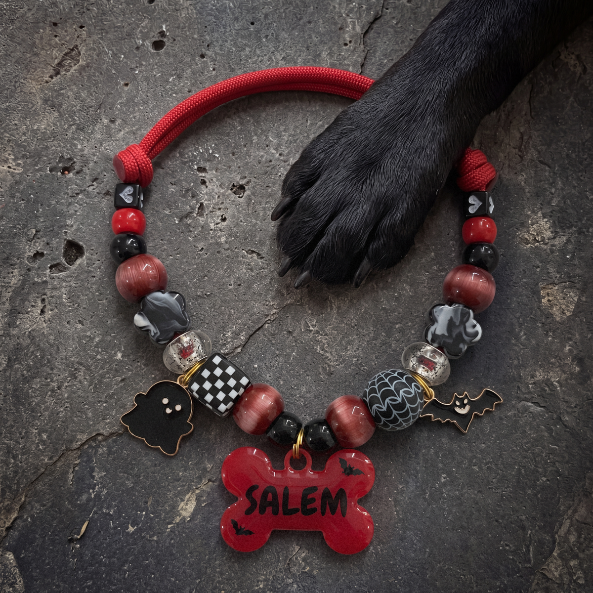 Vampup beaded dog necklace — cherry red and black beads, ghost and bat charms, red bone name tag with little bats