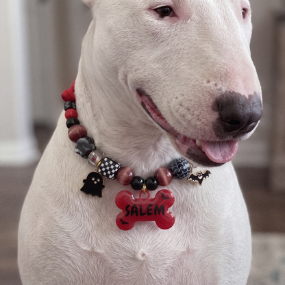 Vampup beaded dog necklace — cherry red and black beads, ghost and bat charms, red bone name tag with little bats