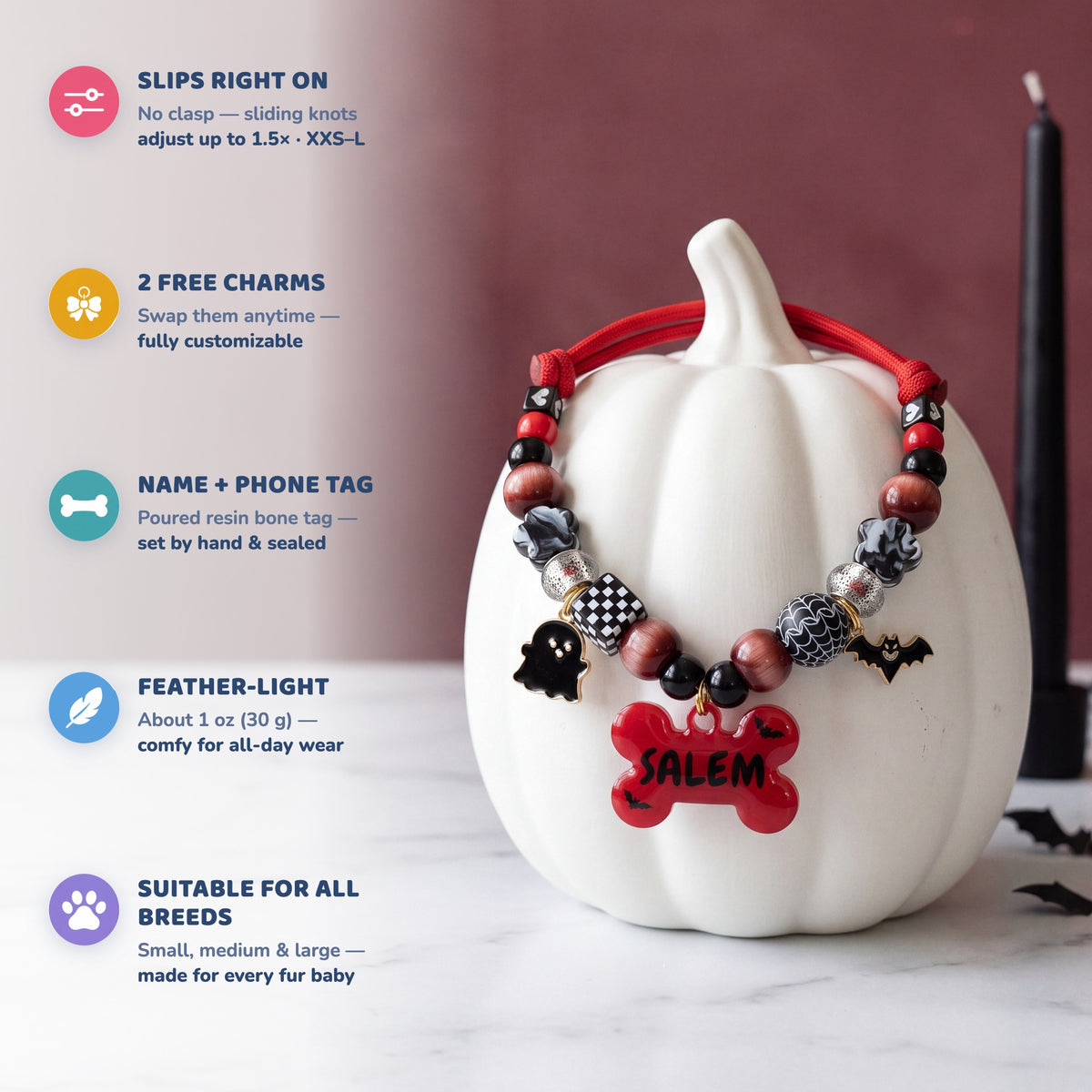 Vampup beaded dog necklace — cherry red and black beads, ghost and bat charms, red bone name tag with little bats