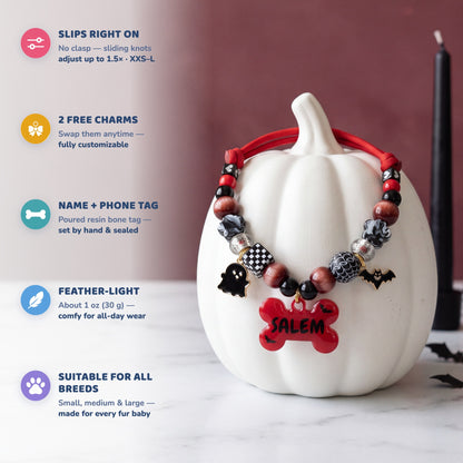 Vampup beaded dog necklace — cherry red and black beads, ghost and bat charms, red bone name tag with little bats