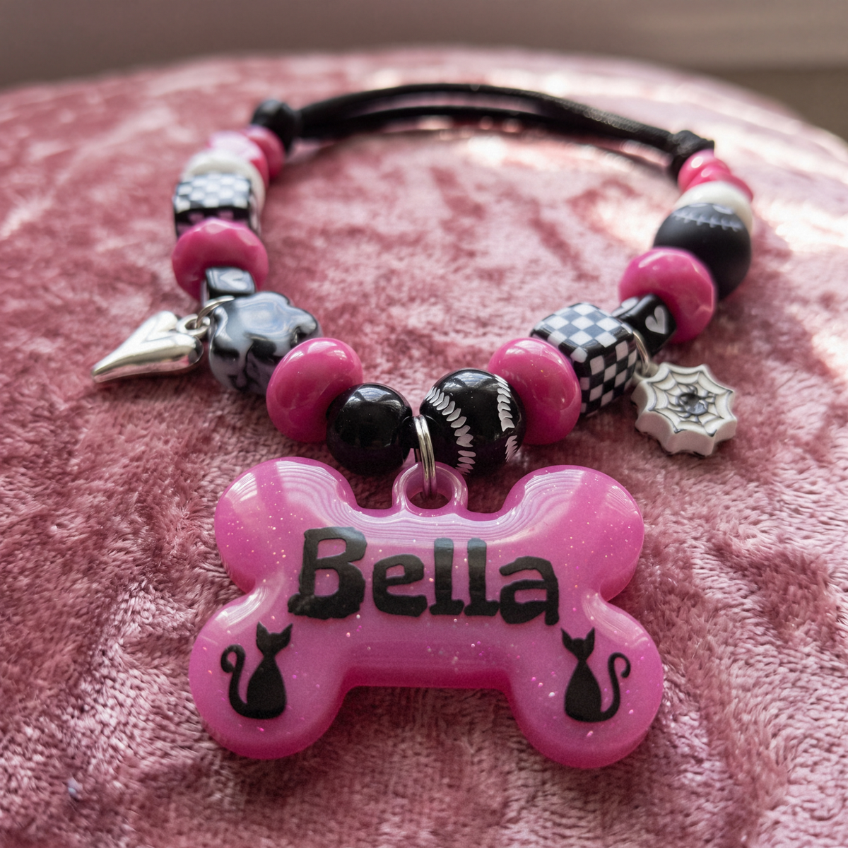 Witchy Whiskers beaded dog necklace — hot pink and black beads, silver heart and spiderweb charms, glittery pink bone name tag